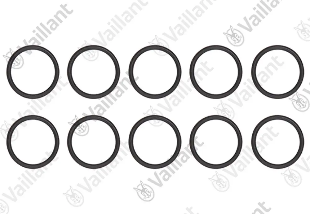 Vaillant O-Ringe in schwarzer Gummiwarenform, angeordnet in zwei Reihen mit je fünf Ringen, auf hellem Hintergrund.